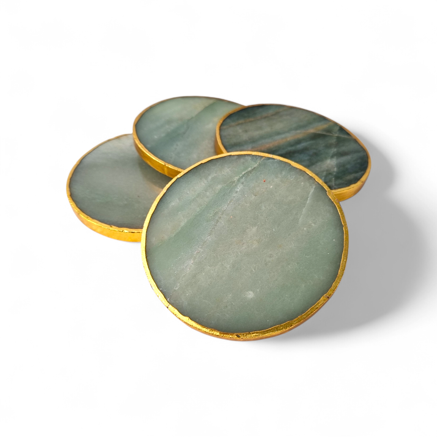 Green Aventurine Coaster Round Shape With Golden Electroplating 1 set 4 piece