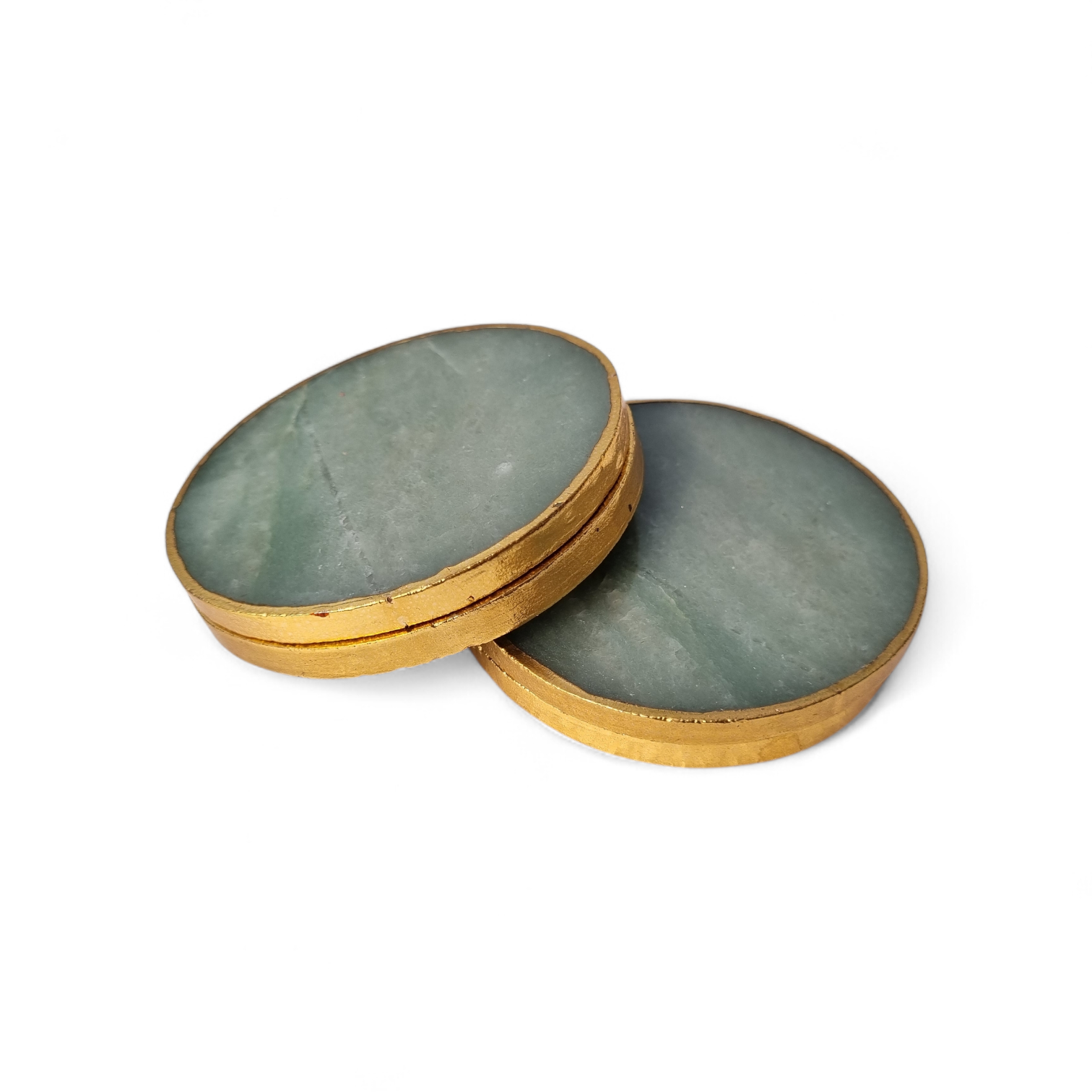 Green Aventurine Coaster Round Shape With Golden Electroplating 1 set 4 piece