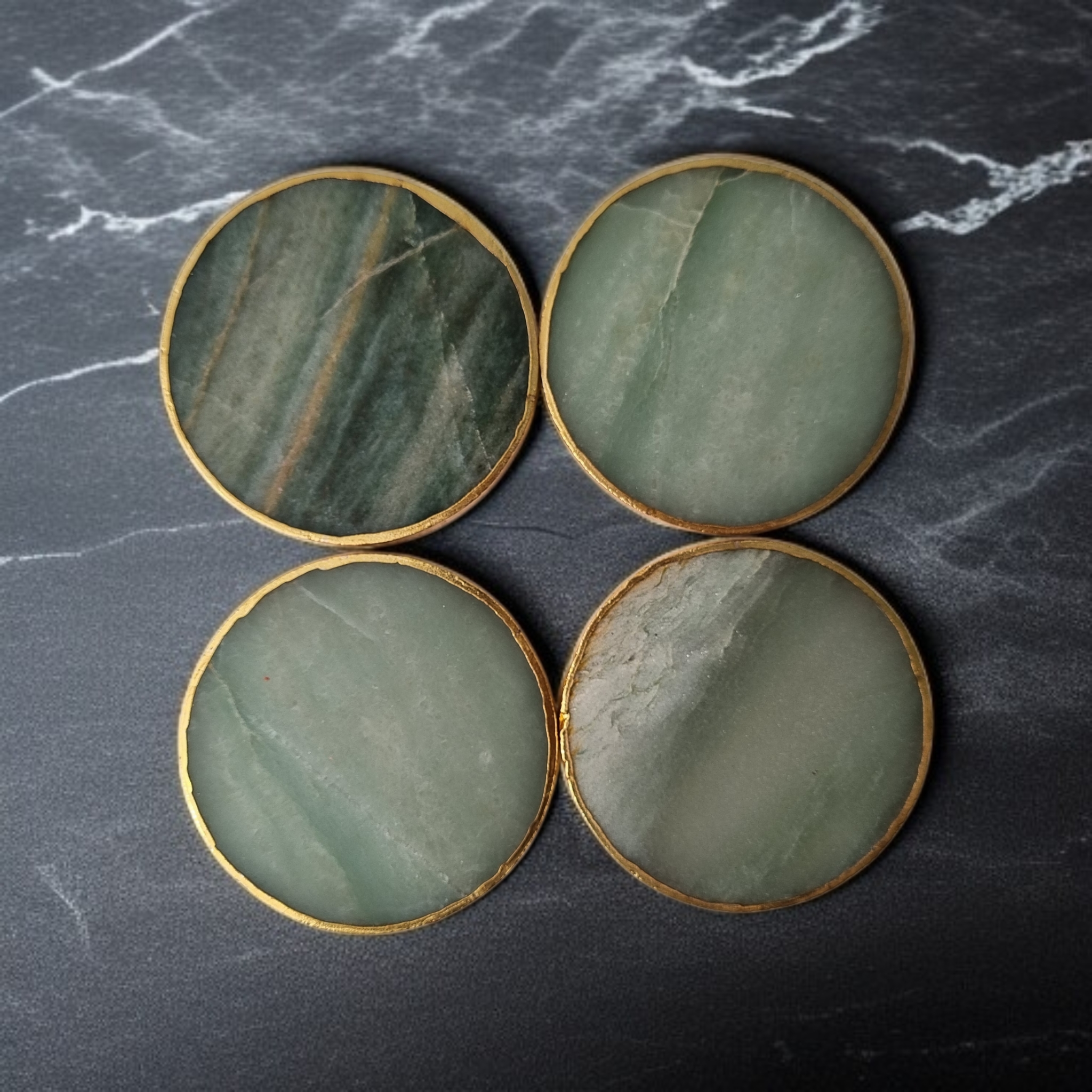 Green Aventurine Coaster Round Shape With Golden Electroplating 1 set 4 piece