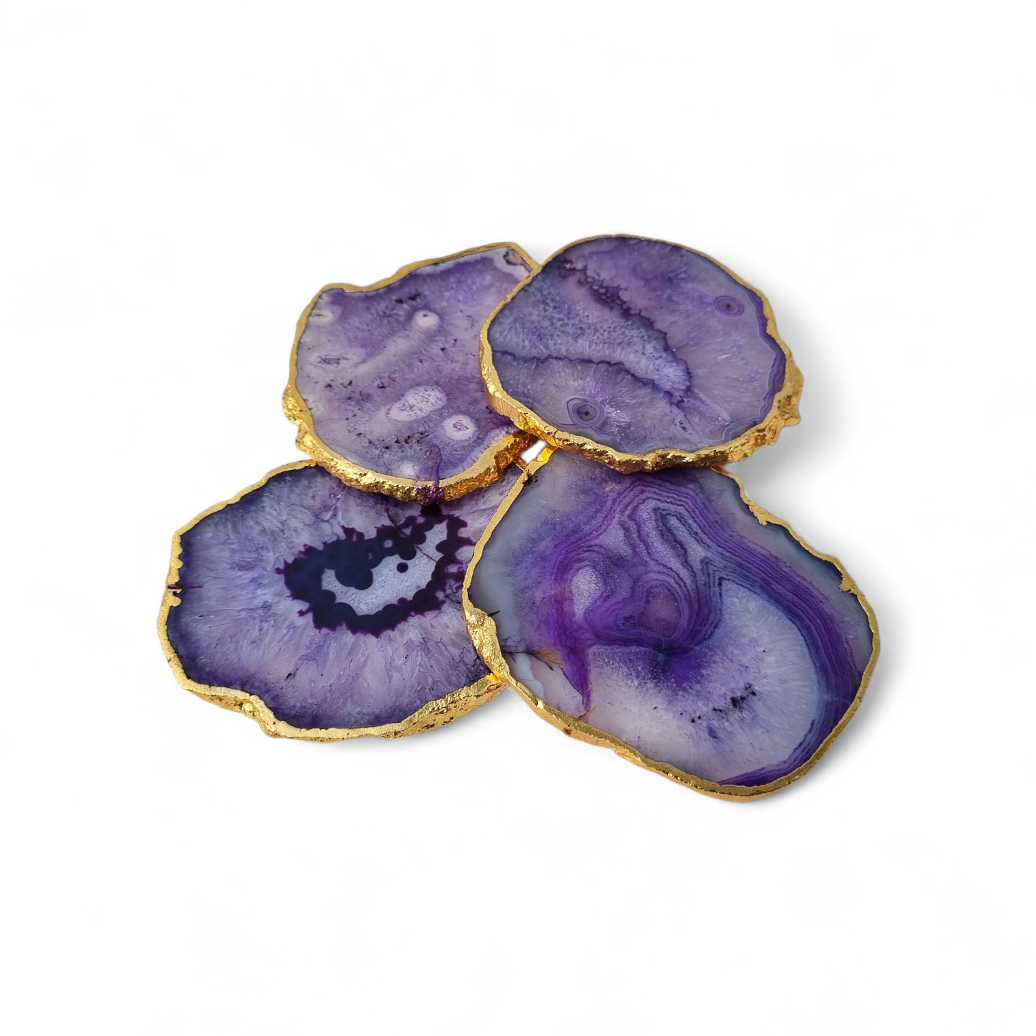 Natural Purple Agate Stone Coaster with Gold Rim – Premium Crystal Home Décor
