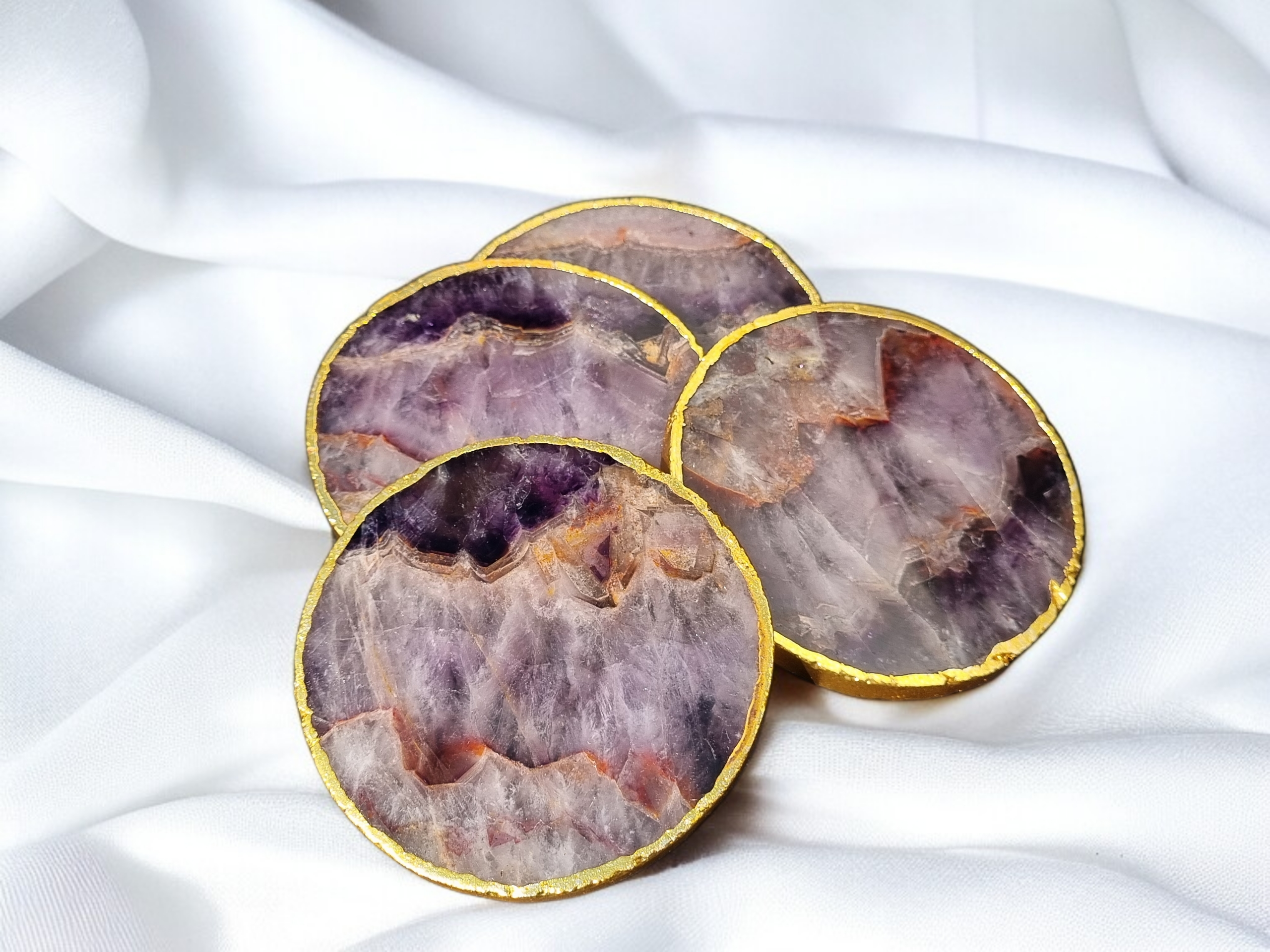 Amethyst Coaster Round Shape With Golden Electroplating 1 set 4 piece