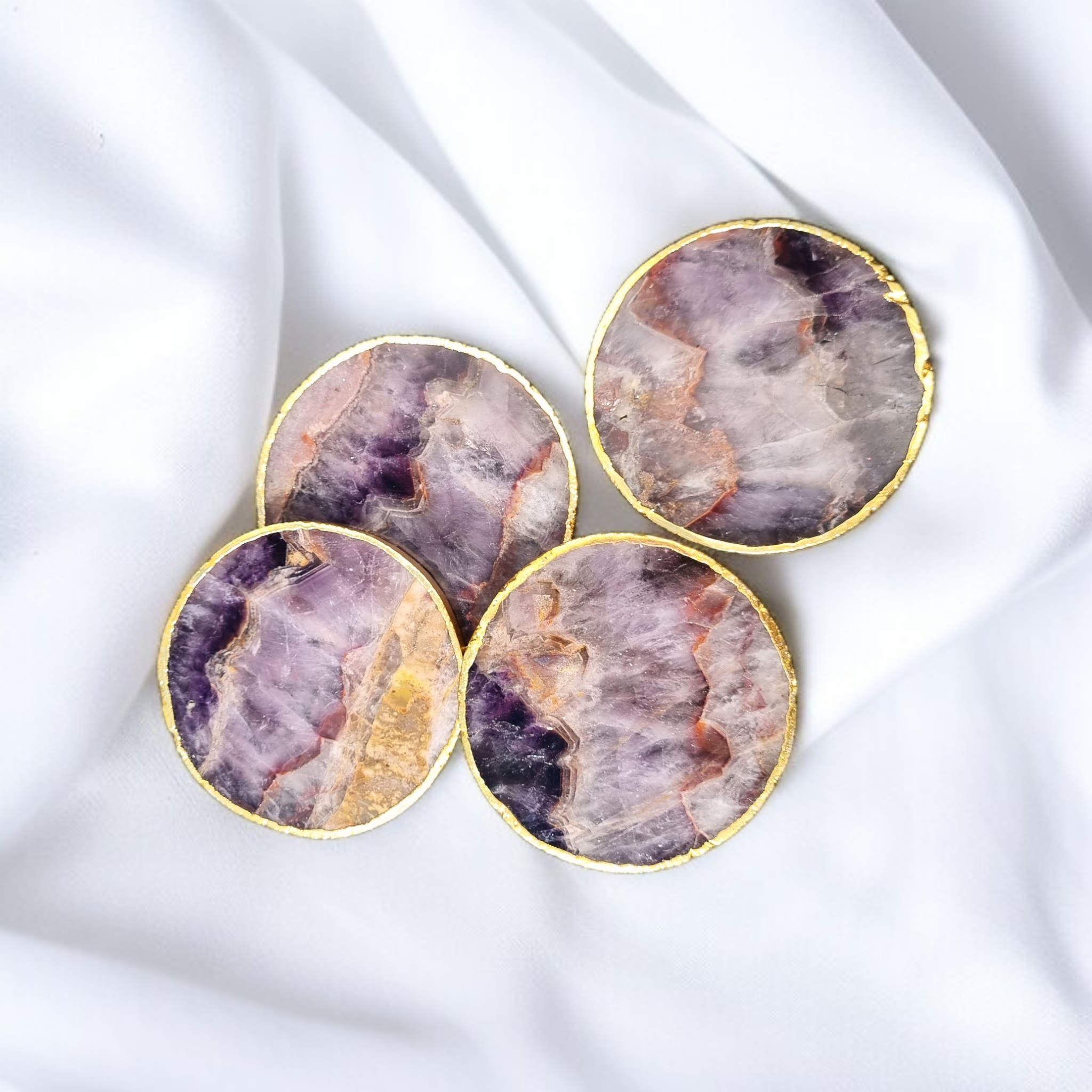 Amethyst Coaster Round Shape With Golden Electroplating 1 set 4 piece