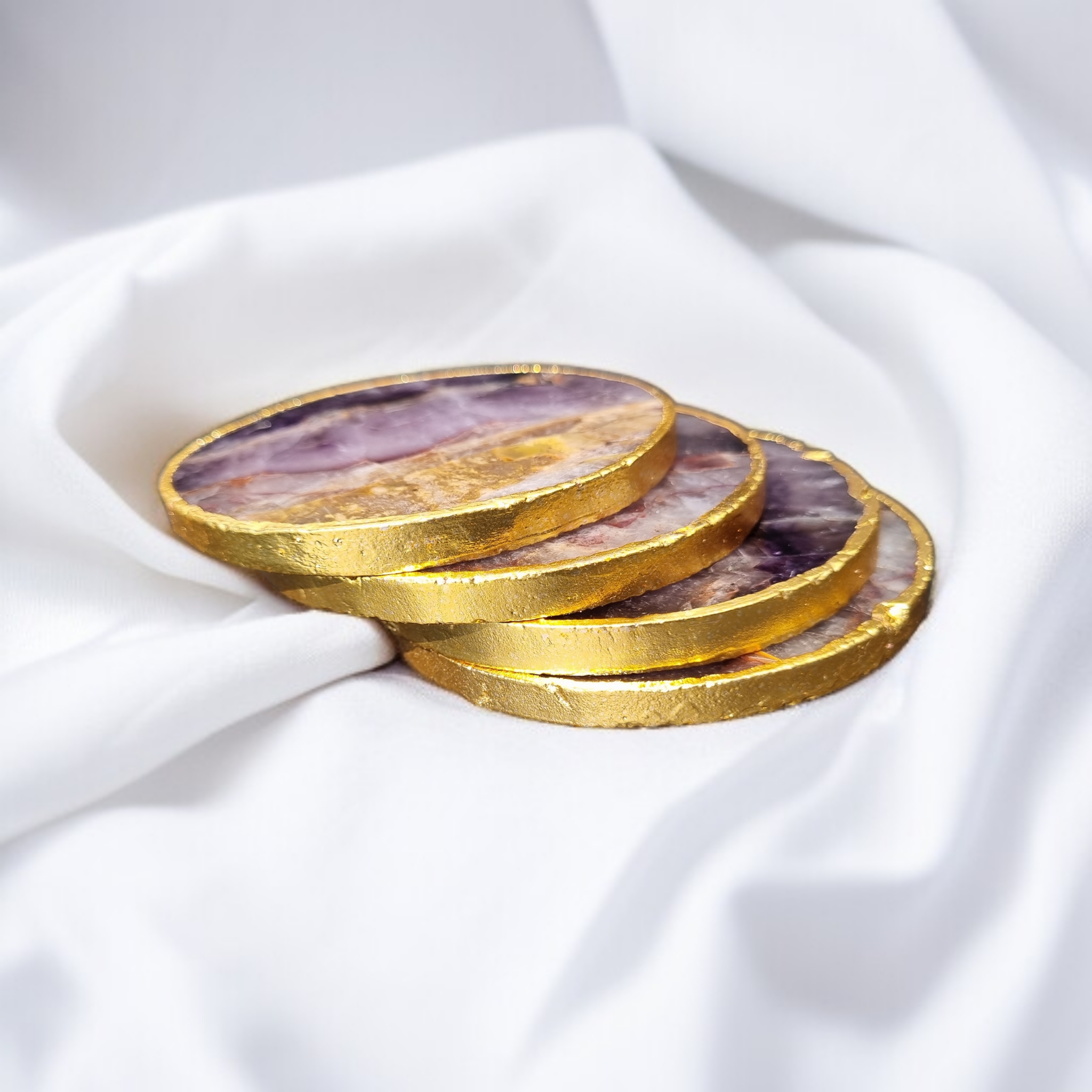 Amethyst Coaster Round Shape With Golden Electroplating 1 set 4 piece