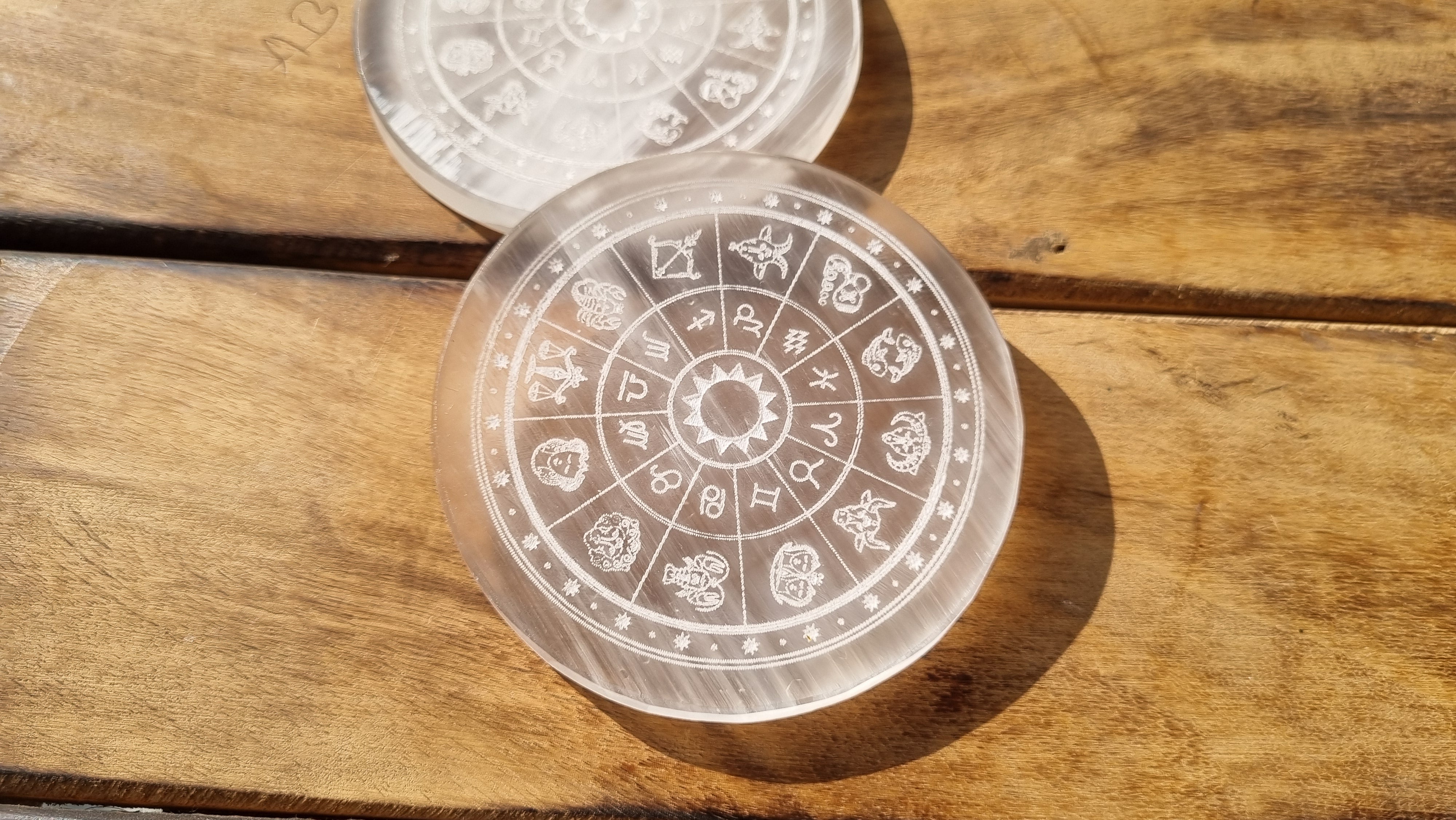 Zodiac selenite charging plate engraved with all 12 zodiac signs