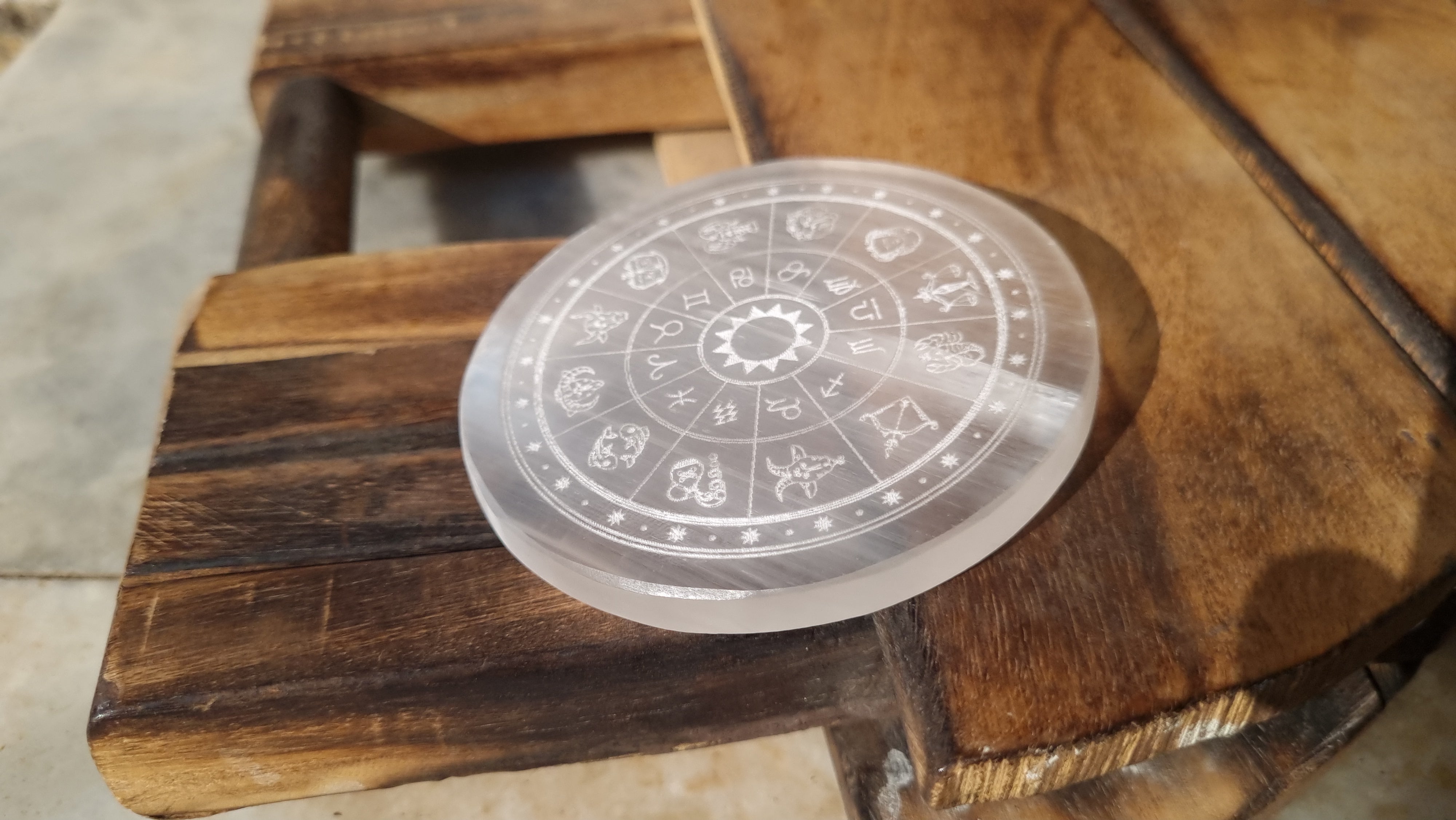 Zodiac selenite charging plate engraved with all 12 zodiac signs