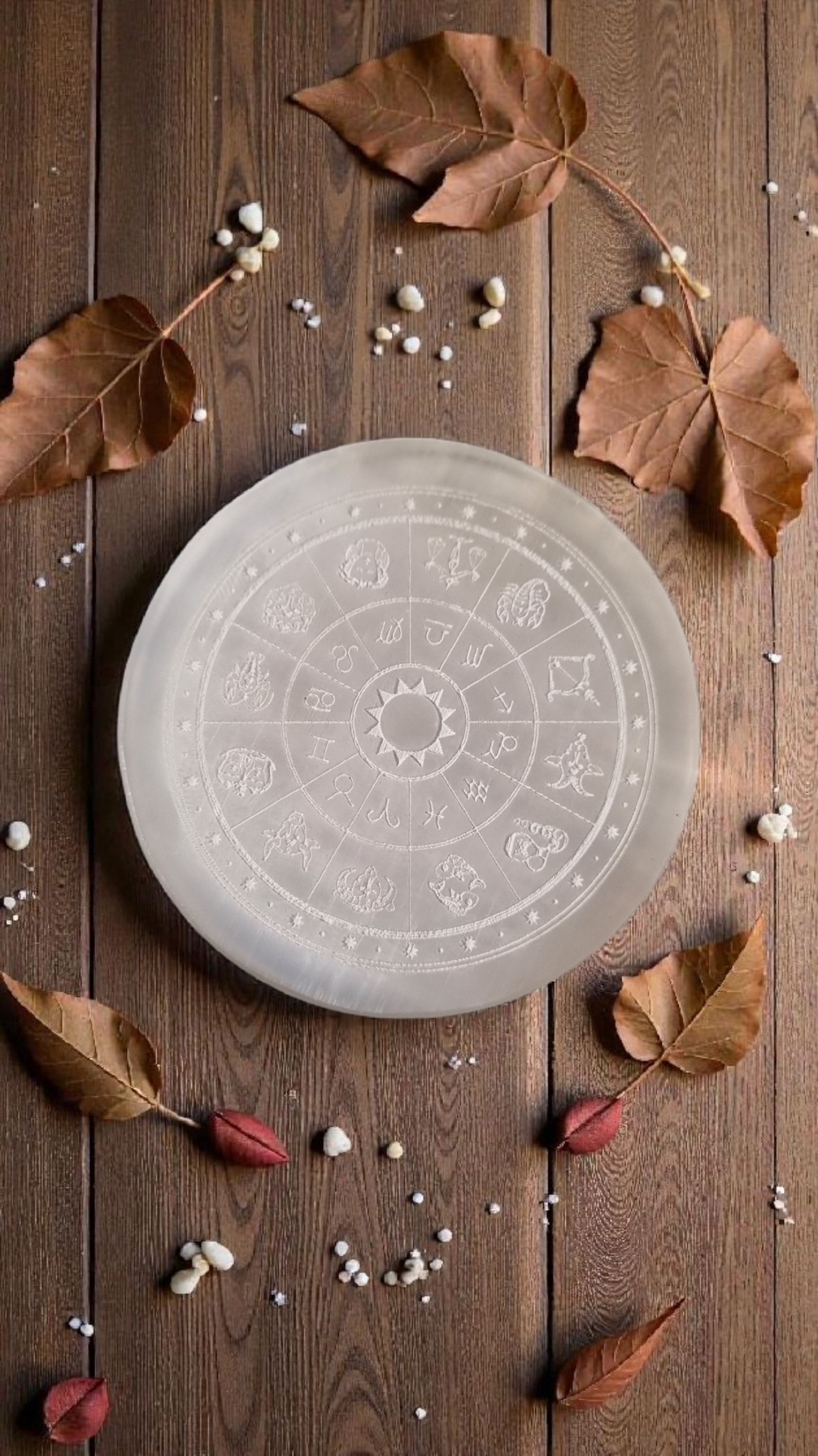 Zodiac selenite charging plate engraved with all 12 zodiac signs