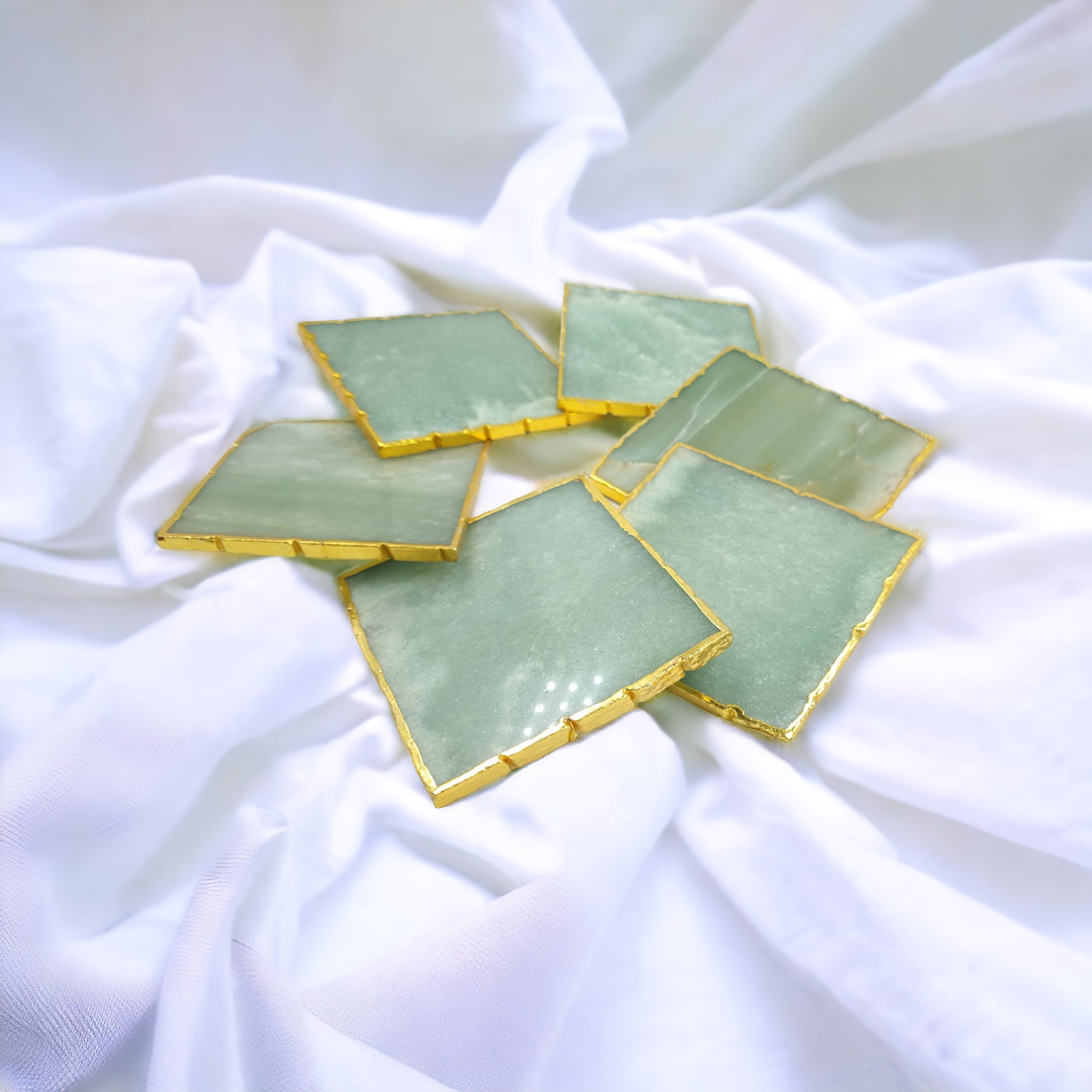 Green Aventurine Square Coasters With Golden Electroplating 1 set 4 piece