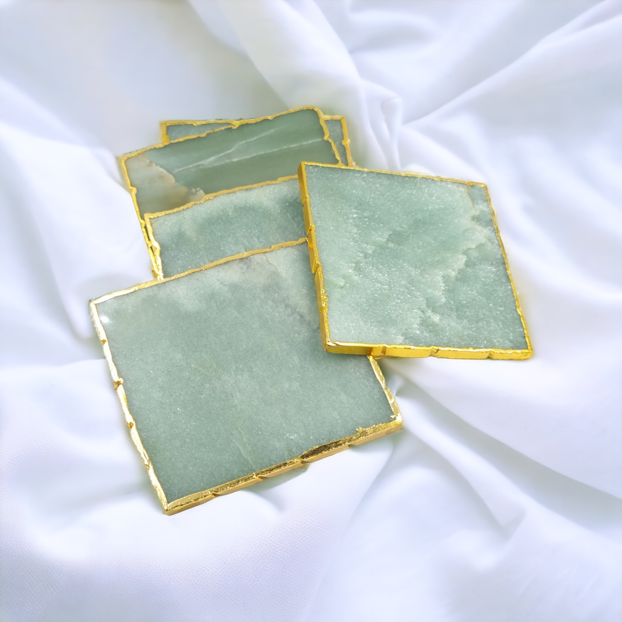 Green Aventurine Square Coasters With Golden Electroplating 1 set 4 piece