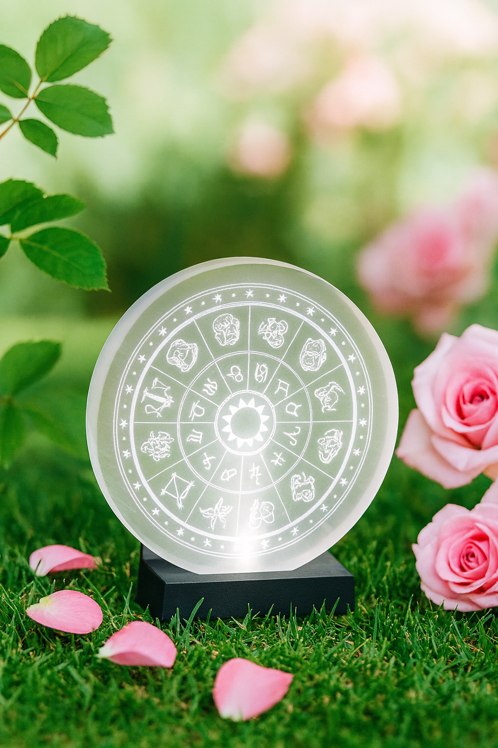 Zodiac selenite charging plate engraved with all 12 zodiac signs